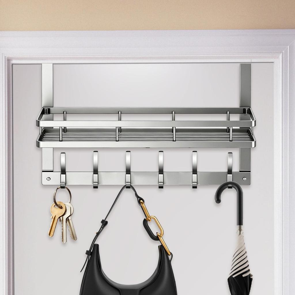 Over The Door Organizer Carbon Steel Bathroom Door Towel Rack No Drilling Hanging Rack With Basket And Hooks For Clothes Bag Key