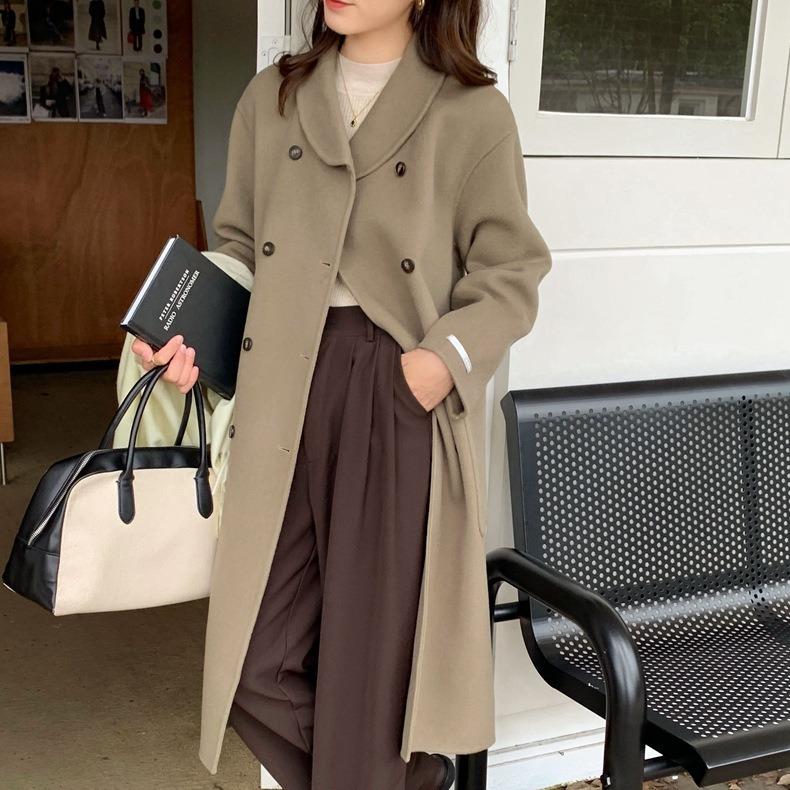 Wind cute small lapel double-breasted coat commuter versatile double-sided hand-sewn cashmere coat women