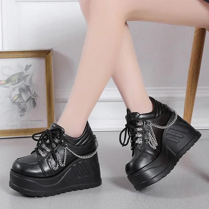 Fashion Metal Chain Punk Gothic Shoes Woman Thick Bottom High Wedge Sneakers for Women Black Chunky Platform Shoe Zapatillas De Mujer
