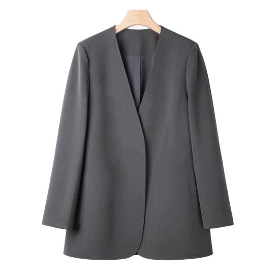 Women Suit Coat Collarless Long Sleeve Solid Color Casual Coat Loose Fit No Buttons Cardigan Style Outerwear Work Wear