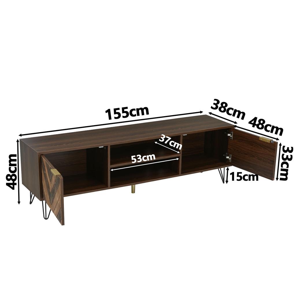 TV-Schrank, Lowboard mit 2 Türen aus Massivholzfurnier, goldene Griffe, Eisenfüße, 2 Fächer, Stauraum für TV & Zubehör, elegante Holzmaserung