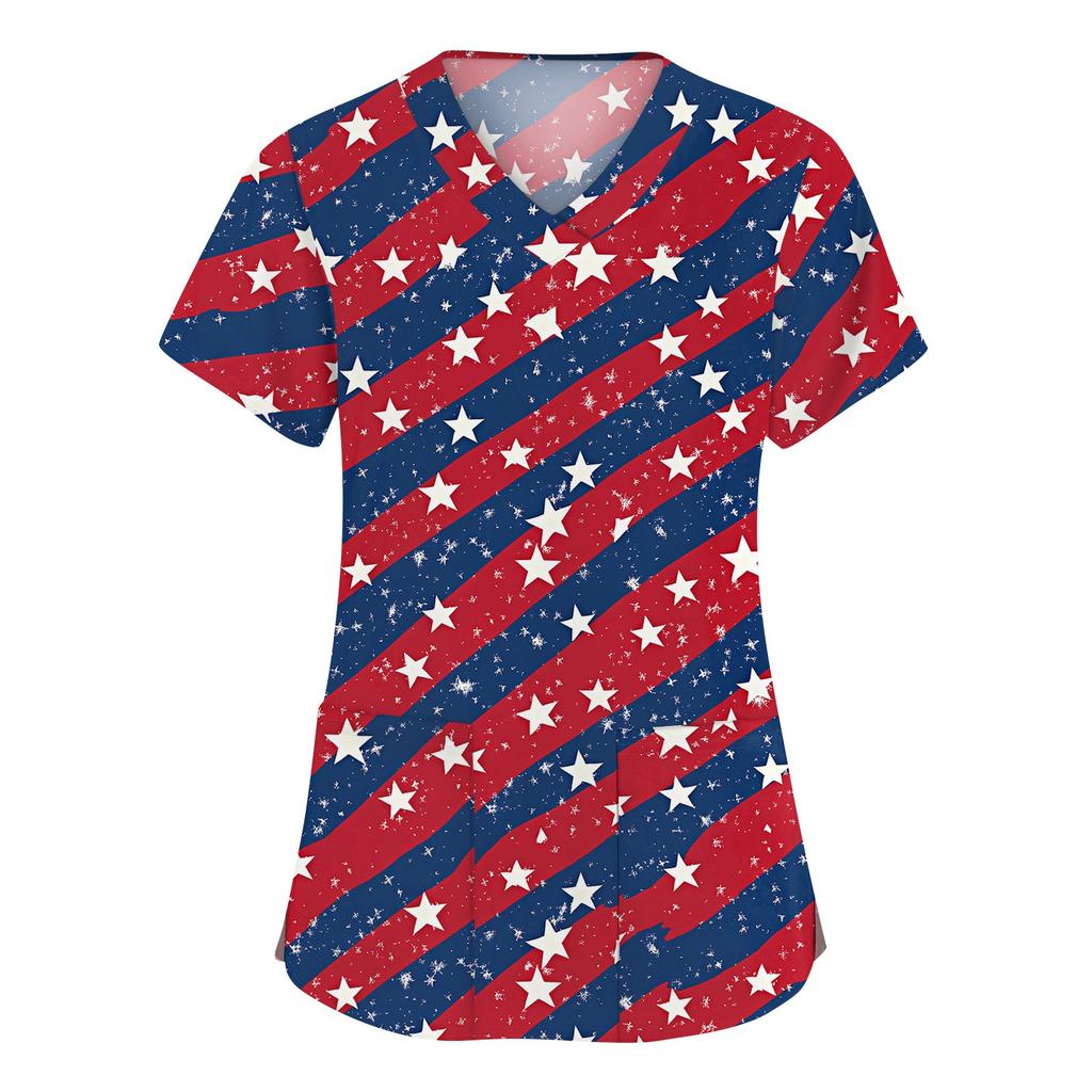 Ropa de trabajo de manga corta con cuello en V a la moda para mujer con bolsillos Tops estampados