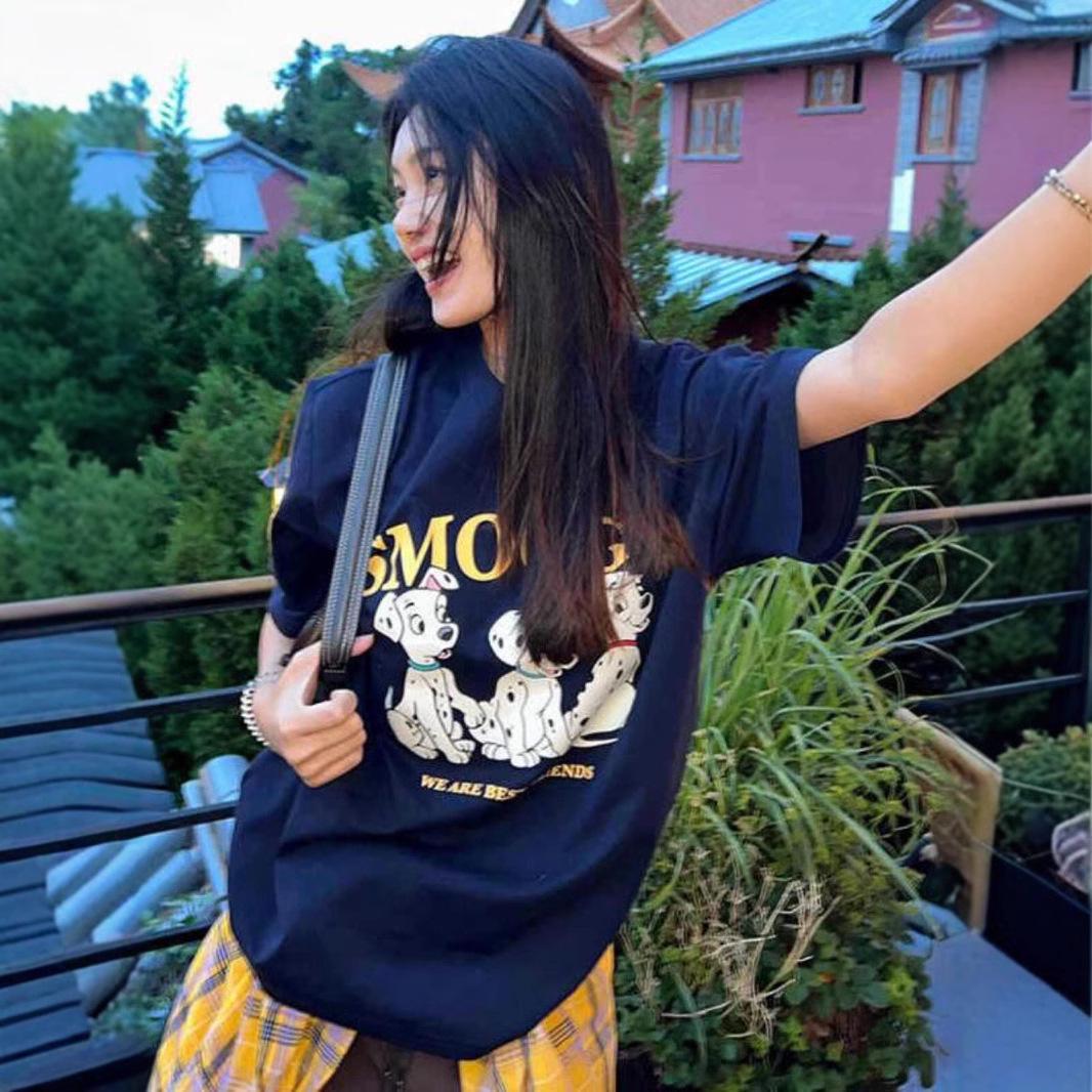 

Ретро футболка с коротким рукавом «Далматинец» большого размера - Женский трендовый летний топ из чистого хлопка свободного кроя M (80-100 kg) темно-синий