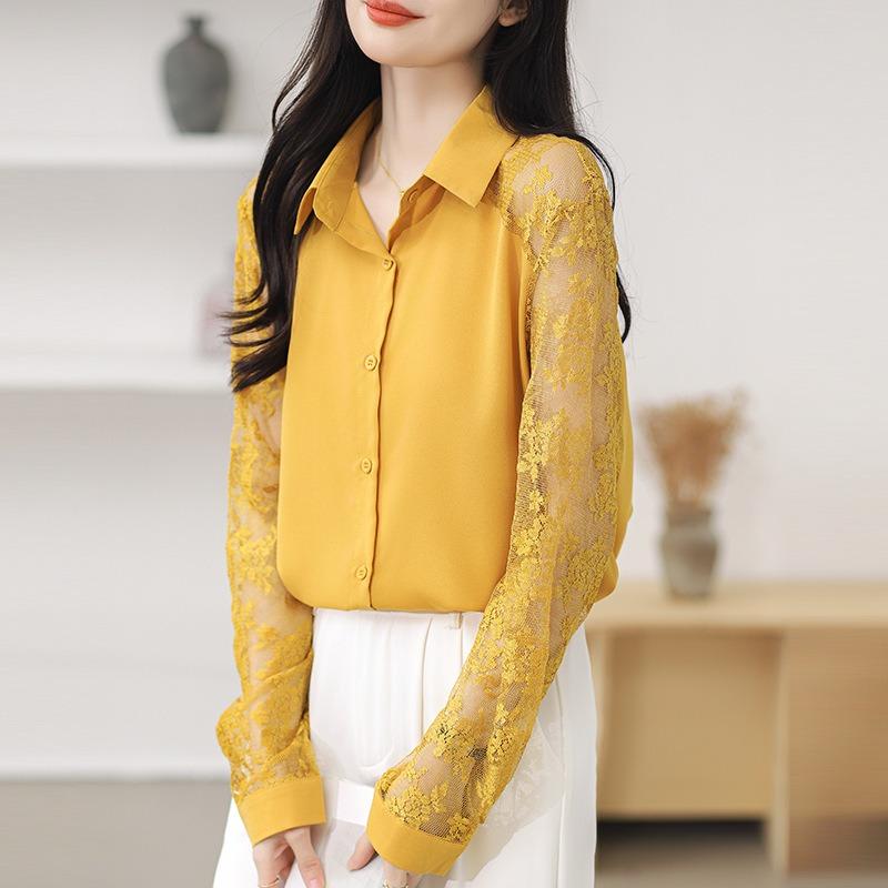 Western Style Women's Collar Lace Patchwork Chiffon Shirt Top Cardigan Shirt