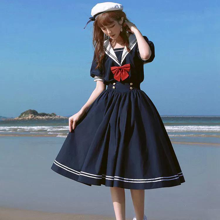 Japon Nazik Kız Sevimli Lolita Elbise Kadın Tatlı Kabarık Kollu İnce Öğrenci Elbiseleri Parti Retro Kızlar Fiyonk Denizci Yaka Vestidos