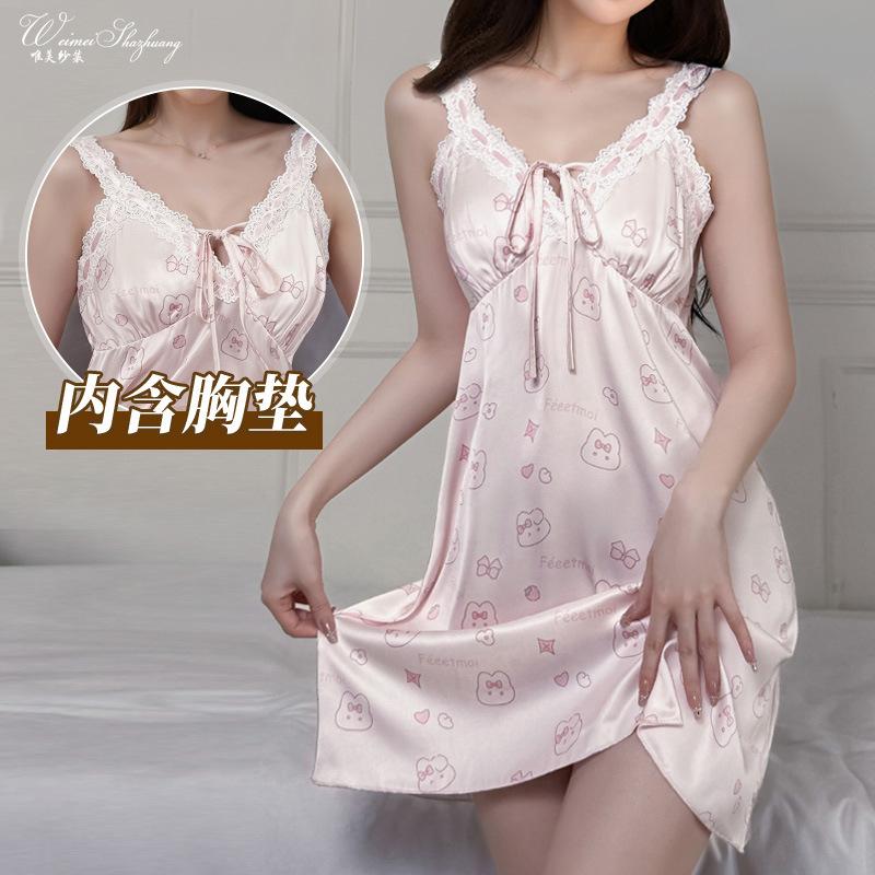 Beautiful yarn new summer pure desire printing sexy cute lace-up bow home dress M розовый