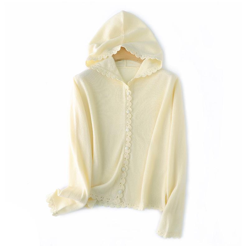 Women's 2025 Wool Knit Lace Button-Up Hooded Cardigan - Solid, Loose, Versatile Base Layer