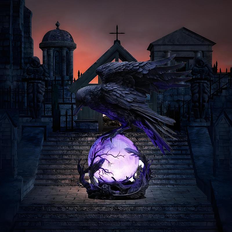 "Raven's Moonlight" Gotische Led Lamp – Mysterieuze Kraai Op Gloeiende Bol Sculptuur, 3D Holle Lantaarn Met Violet Licht