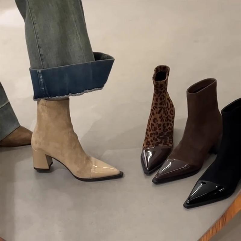 Autumn and Winter New Light Luxury French Niche Design Pointed Toe Thick Heel Slimming Elastic Boots Women's High-heeled Boots