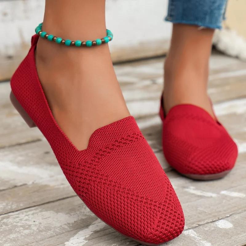 Modă Mocasini de damă pentru patru sezoane Exterior Casual Antiderapant Cauciuc Talpă moale Tricotați Respirabili Vârf pătrat Culoare uni Adidași plați