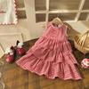 Summer Girls Sleeveless Plaid Dress With Cartoon Strawberry Embroidery Ruffled Tiered Cake Skirt Vest