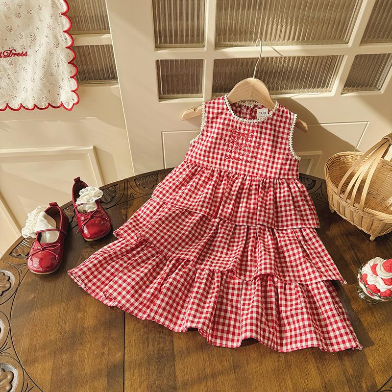 Summer Girls Sleeveless Plaid Dress With Cartoon Strawberry Embroidery Ruffled Tiered Cake Skirt Vest