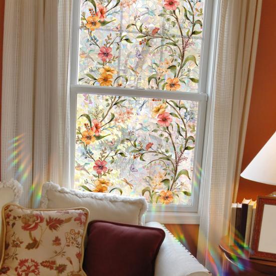 Stained Glass Window Privacy Film Colorful Floral Glass Decals Anti UV Heat Control Non Adhesive Static Clings for Home Bathroom Bedroom Office Decor