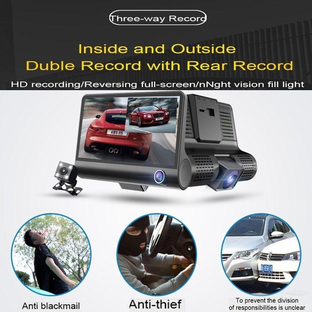 Camecho 3 In 1 4 Inch Car DVR 170 Degree 1080P HD Dash Cam Dual Lens Dashcam with Rear View Camera Car Front Back Inside Video Recorder