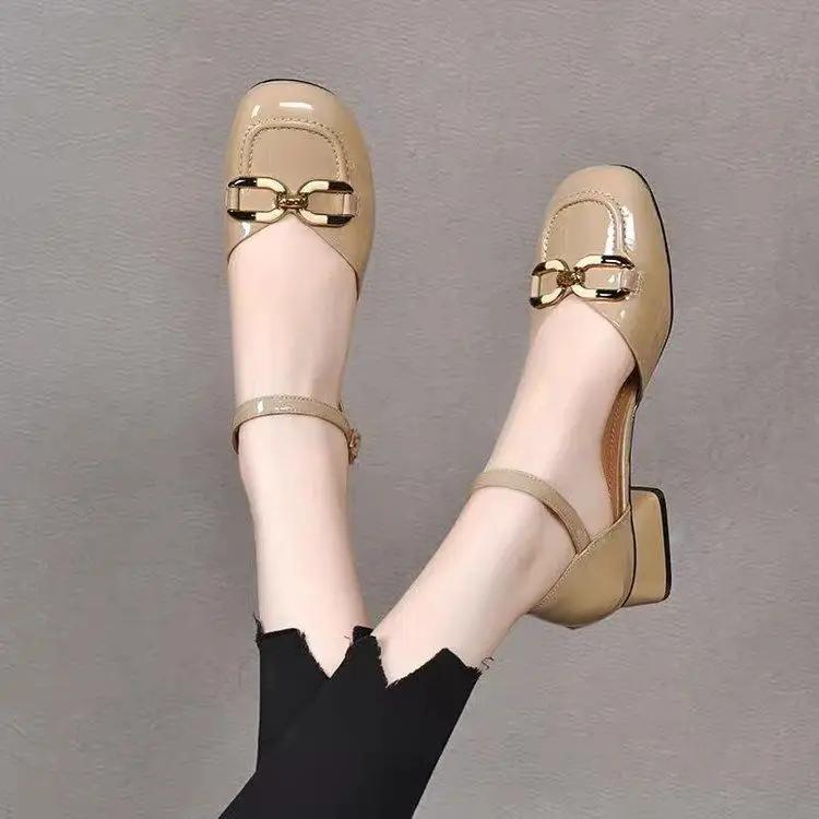 Fashion Block Heel Ladies Footwear Cute Metal Decoration Women's Shoes Chunky Heels Luxury Leather Casual Low Elegant Round Toe Kawaii E