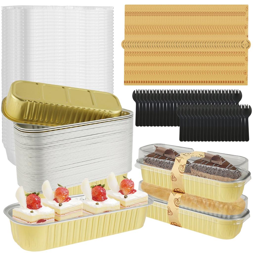 100PC Mini Loaf Pans With Lids Aluminum Foil Baking Pans Tins Containers Disposable Muffin Tins Cupcake Cups Kitchen Accessories