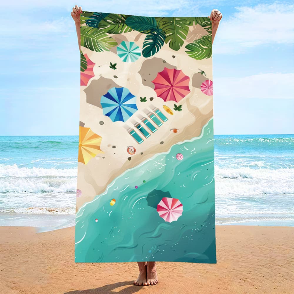 Coastal Beach Umbrella Sunblock Print Microfiber Towel for Men Women Summer Vacation Beach Pool Gym Camping Daily Use