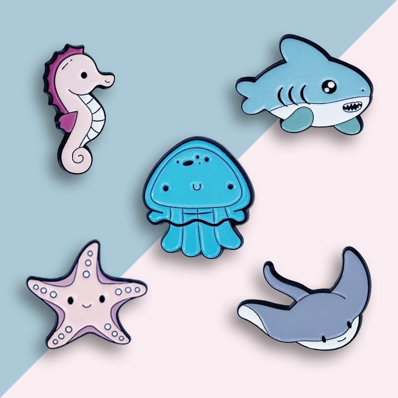 Marine Life Cartoon Brooch Set: Shark, Jellyfish, Seahorse, Starfish