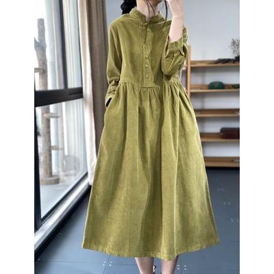 Discounter Kaufhaus Rückzug Retro Button-down Cordkleid Damen Locker Taille Schlank Temperament Langer Rock
