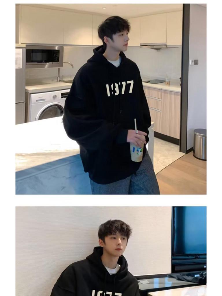 1977 American Fashion Übergroßes Herren-Kapuzensweatshirt - Schweres Design, Frühling/Herbst, Unisex