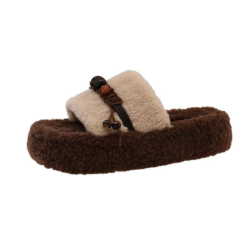 Fashion fringed wool slippers women's wear autumn new retro round head thick bottom wool slippers women