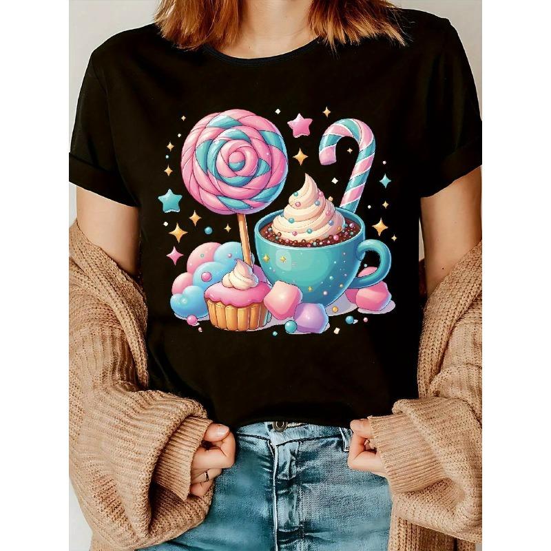 Women's Short Sleeved T-shirt Cute Anime Style Cupcake and Lollipop Pattern Fashionable Printed Women's T-shirt