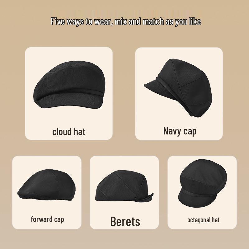 Béret Gavroche Noir Huit Pans pour Femme Printemps/Automne 2025, Style Peintre Visage Fin.