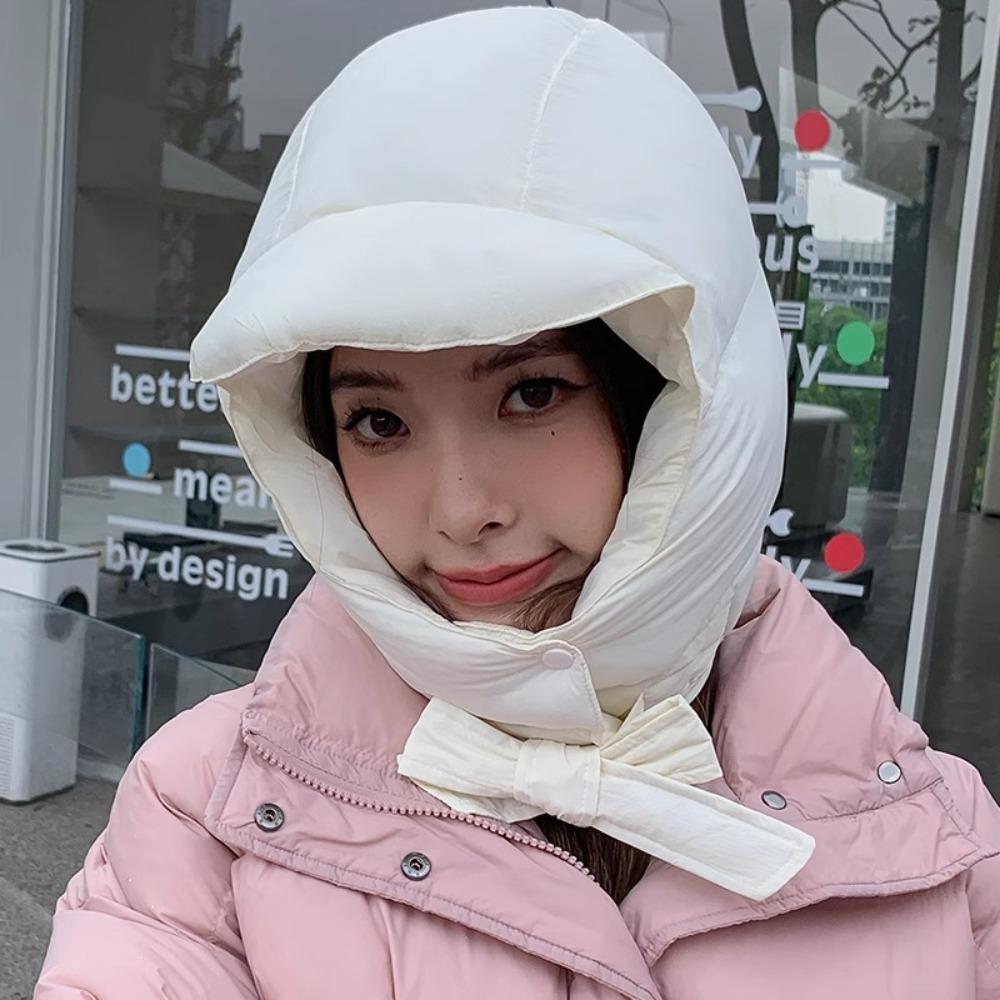 Simple Solid Color Padded Pullover Cap Korean Style Windproof Balaclava Hat Harajuku Hooded Puffy Ear Protection Cap Girls