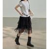Qooth French Lace Tulle Midi Skirt Tiered Cake A-Line Skirt QT2849
