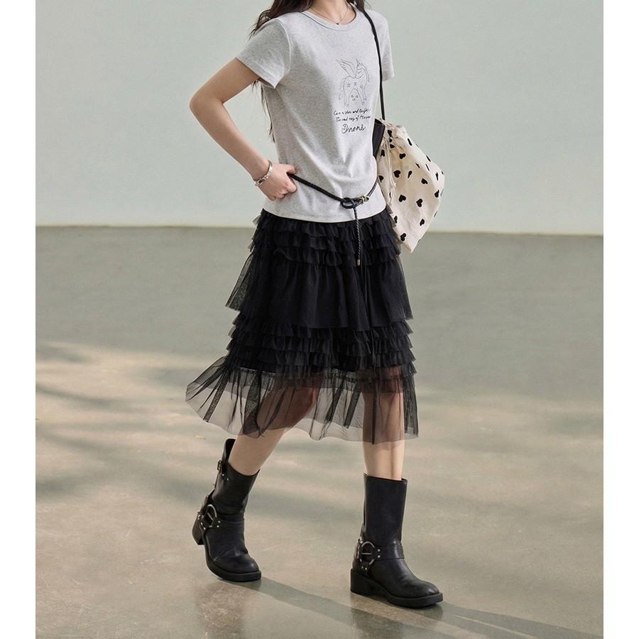 Qooth French Lace Tulle Midi Skirt Tiered Cake A-Line Skirt QT2849
