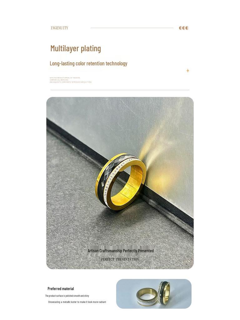 European-American Inlaid Diamond Black Ceramic Couple Ring: Rotatable Stainless Steel