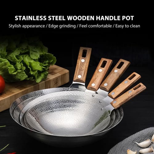 Stainless steel wok, non-stick wok pan, induction-based frying pan, frying pan with wooden handle, non-induction wooden handle, flat base pan for elec