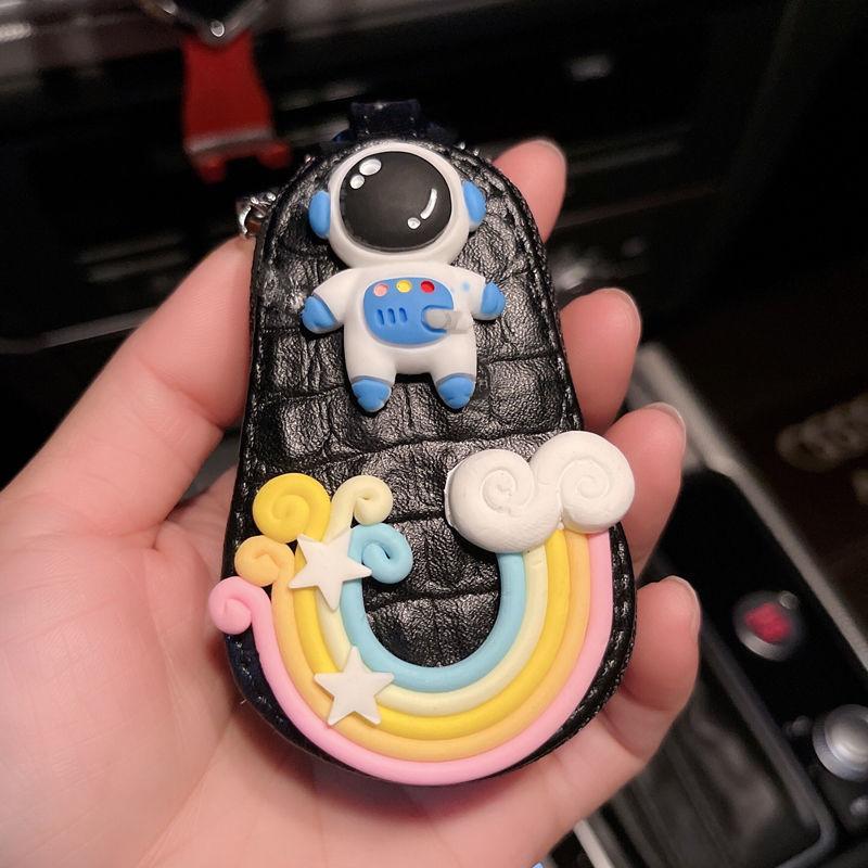 Cartoon Spaceman Rainbow Car Key Case for Women Cute Leather Key Case Keychain