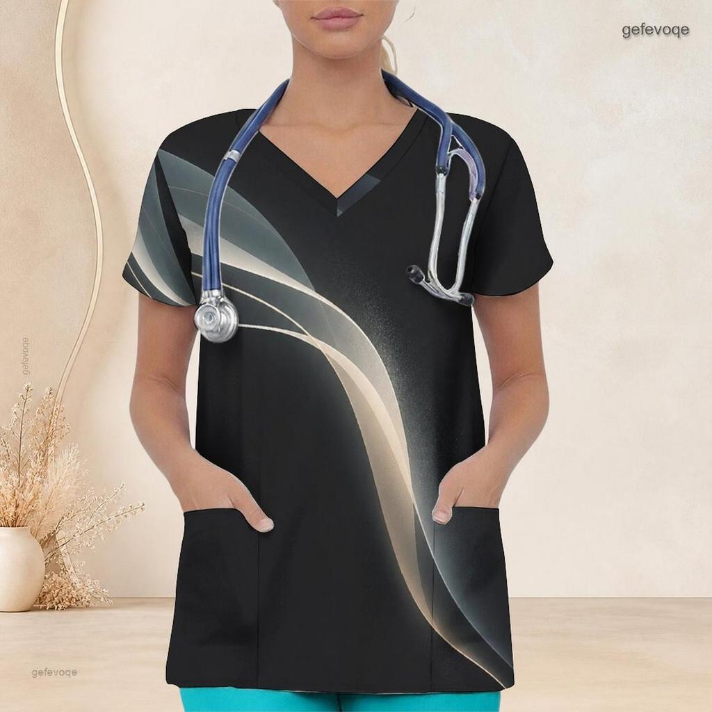 Women Plus Size Black Printed Nurse Scrub Top V Neck Short Sleeve With Front Pockets