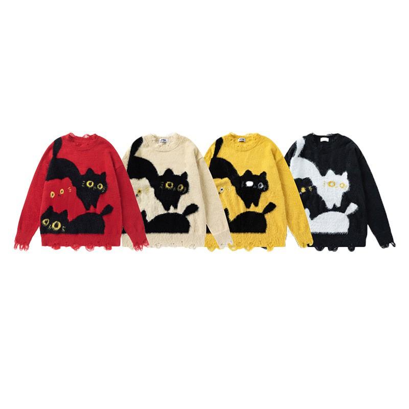 Pull Jacquard Chat Vintage Style Collège Unisexe Hiver Chaud Coupe Ample Pullover Jeune