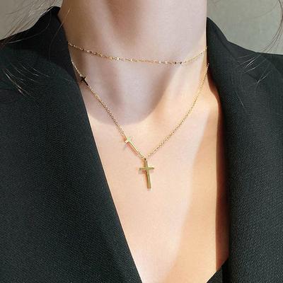 Steel Cross Fashion Design Street Style Double Layer  Choker Women Pendant Necklace Korean Style Jewelry Metal Clavicle Chain