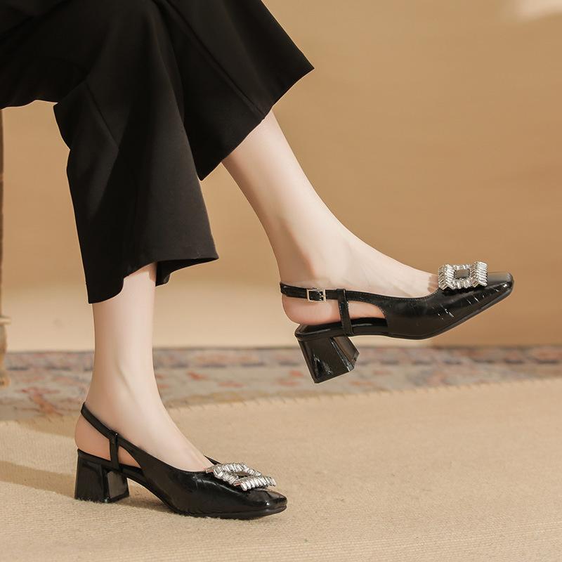 55102 high heels women's thick heel 2025 new square head empty sandals temperament medium heel rhinestone square buckle shoes