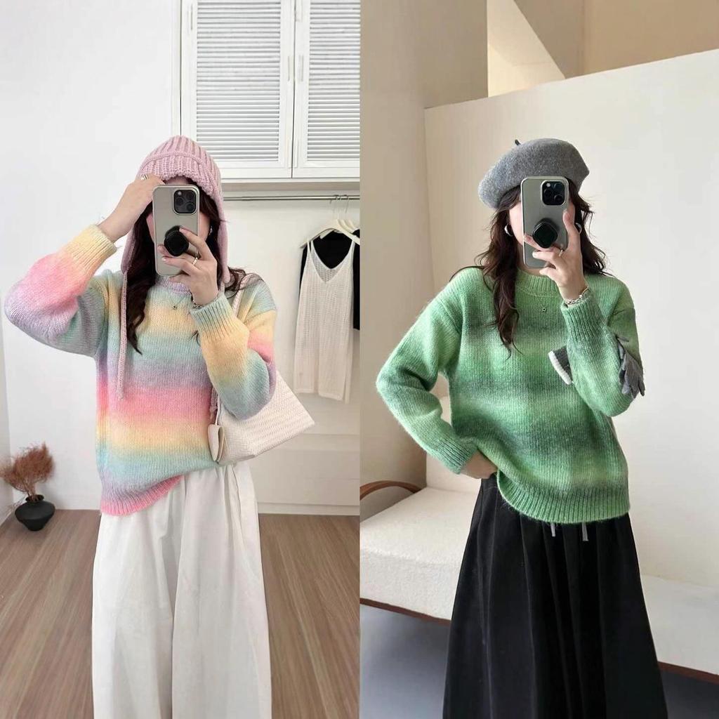 2025 Japanese Petal Style Oversized Gradient Knit Top - Colorful Striped Long Sleeve Outerwear