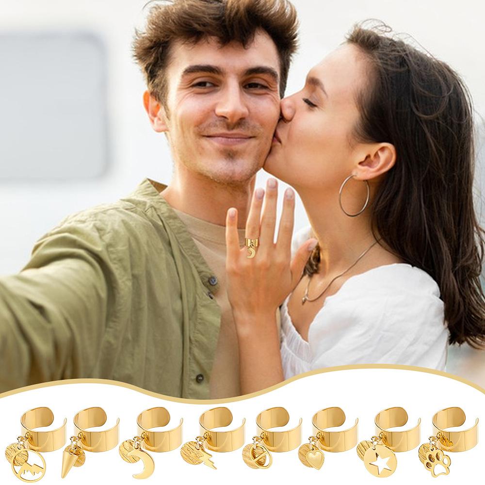 304 Stainless Steel Open Cuff Rings, with Stainless Steel Pendants, Mixed Shapes, 30~38mm, 8pcs/set