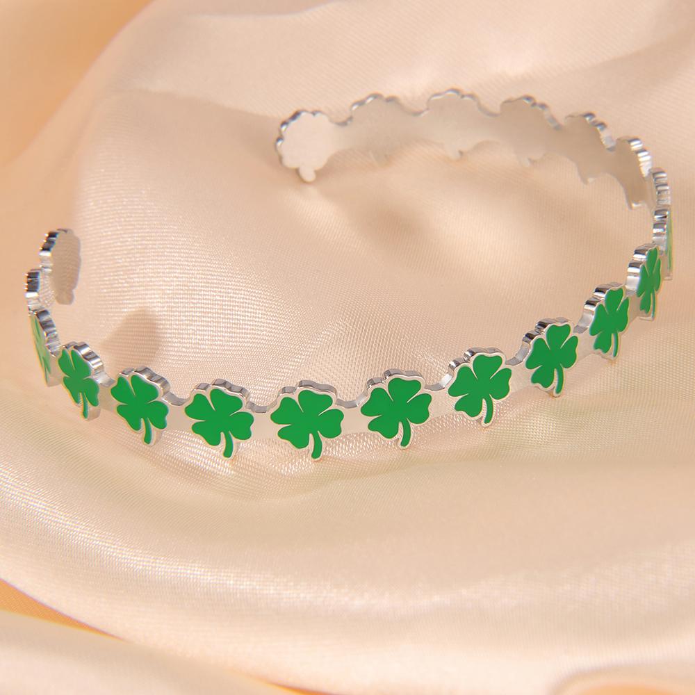 Four-leaf Clover Cuff Bangle Adjustable Green Enamel Shamrock Good Luck Symbol Irish Jewelry Patrick s Day Gift Stainless Steel