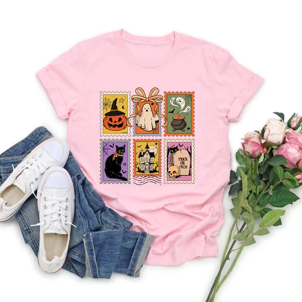 Retro Halloween Cat Ghost T-Shirt Ghost Tee Women's Halloween T-shirt Short Sleeve Spooky Season T Shirt Aesthetic Clothes