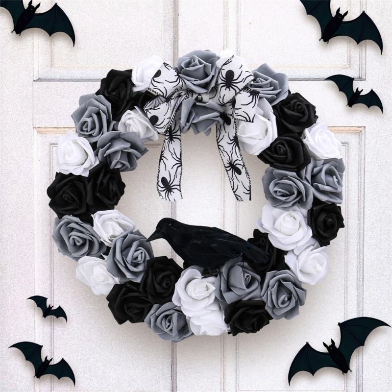 Black and White Rose Crow Front Door Wreath Halloween Decorative Wreath For Home Party Festival Porch Decoration