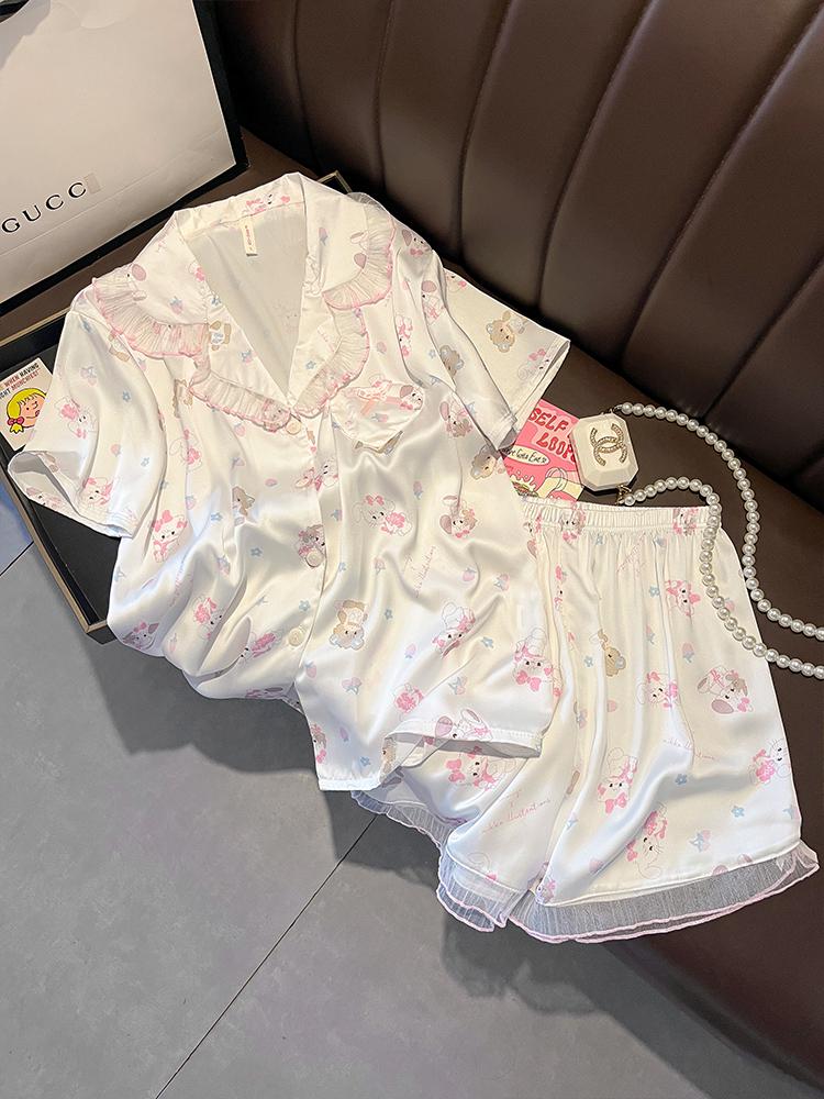 Summer Silk Pajamas Set: Cute Cartoon, Short Sleeve & Shorts