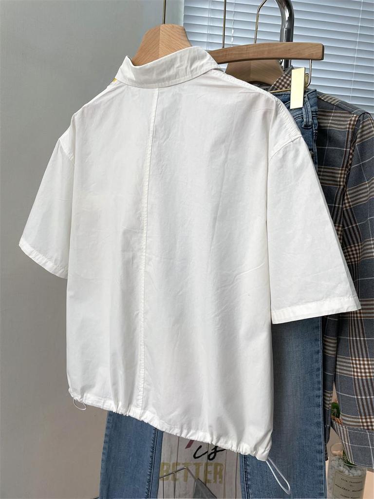 Women's Japanese Style Floral Embroidered Short-Sleeve Shirt: Cute, Loose, and Soft for Summer.