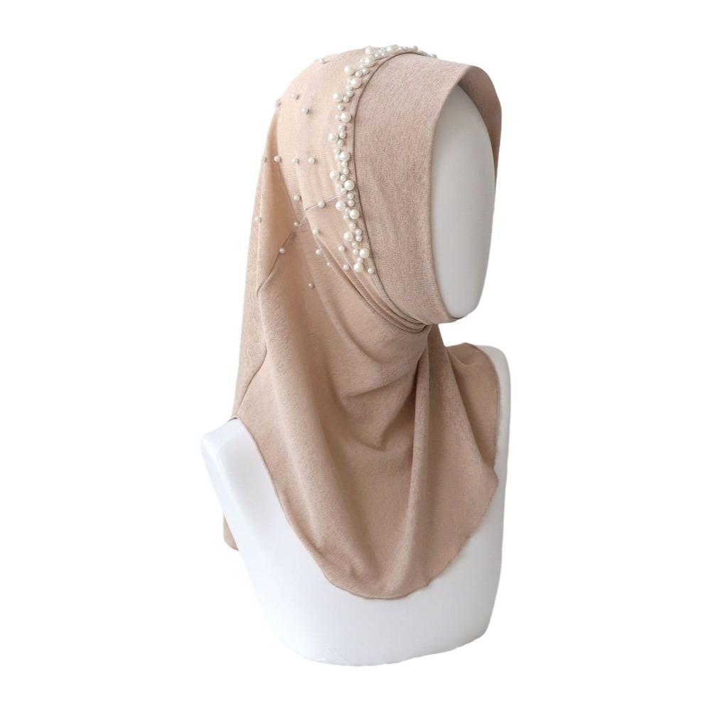 Simple Solid Color Beads Hijab Pull On Style Stretchable Head Wraps Quick Drying Shawls Sun Protection Headscarf Girls