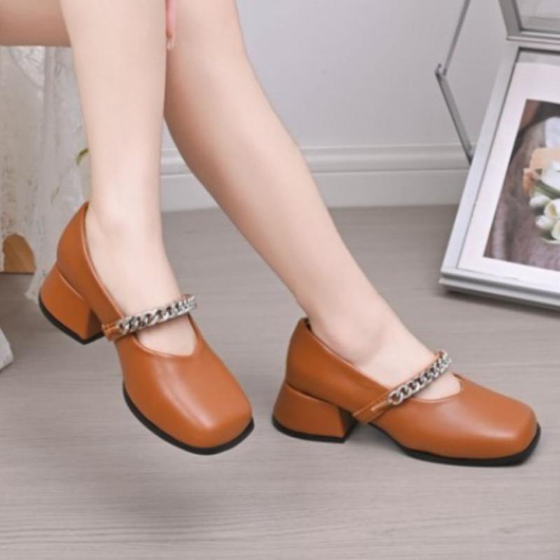 

Shoes with Chain Decor Spring Autumn Square Toe VintagePumps for Women s Elegant Dress Shoes 35 шоколадный
