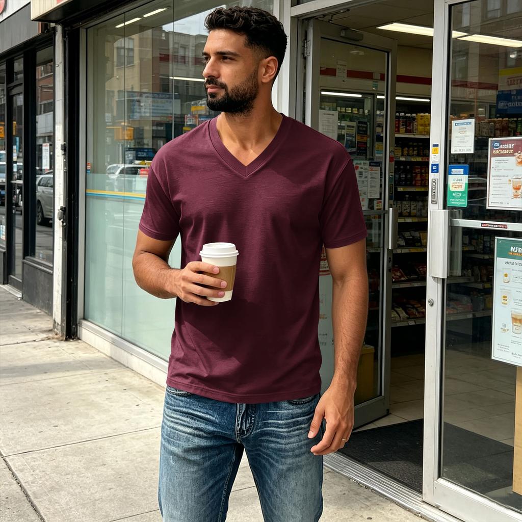 Herren Farbiges V-Ausschnitt Kurzarm T-Shirt Lässige Bequeme Passform für den Alltag