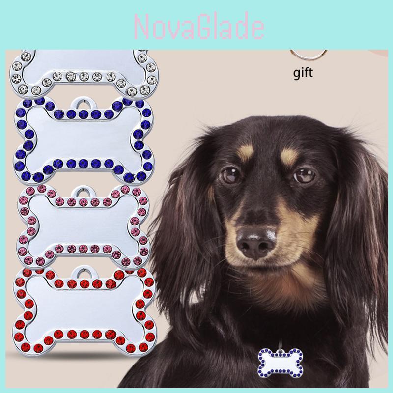 Pet Tag With Bone Shape And Sparkling Diamond Edge Stylish Metal Tag For Dogs