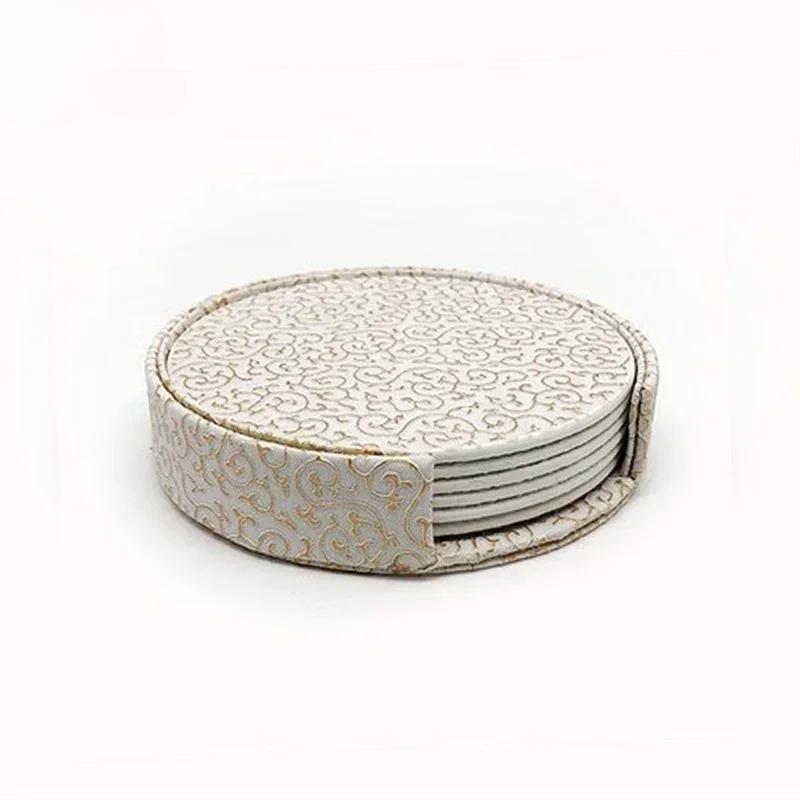 6-teiliges Marmor-Untersetzer-Set aus PU-Leder, leicht zu reinigende Getränkematten für Kaffeetassen, Tee und Tischschutz, mit Halter