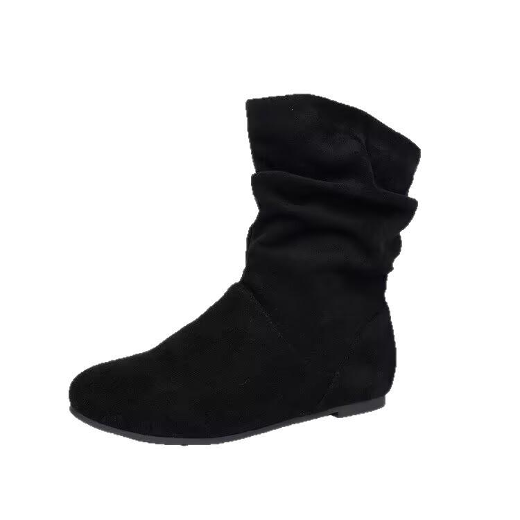 Pleated Pile Boots Women's Winter Suede Large Size Round Head Retro Medium Boots